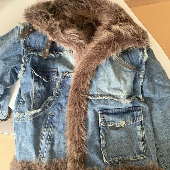 Reversible Denim Faux Fur Coat Heavy Winter Jacket M - Picture 11 of 12